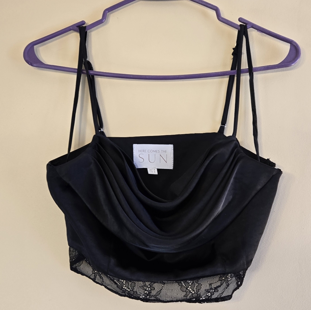 Here Comes The Sun Black Satin Cowl Neck Crop Top US Small NWOT